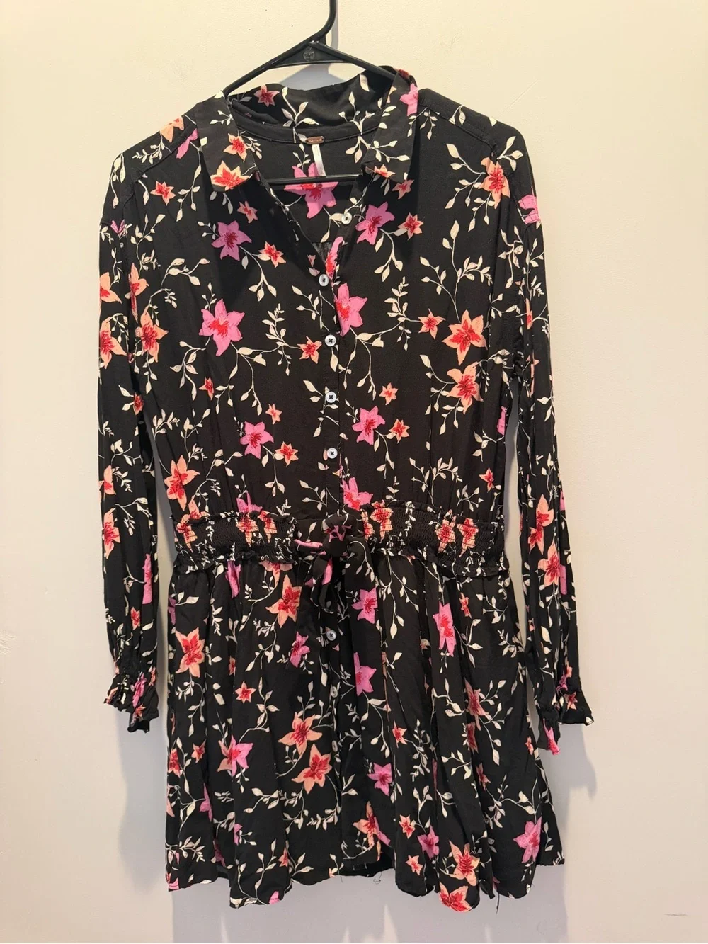 Free People Black Mini Dress with Pink Floral Print